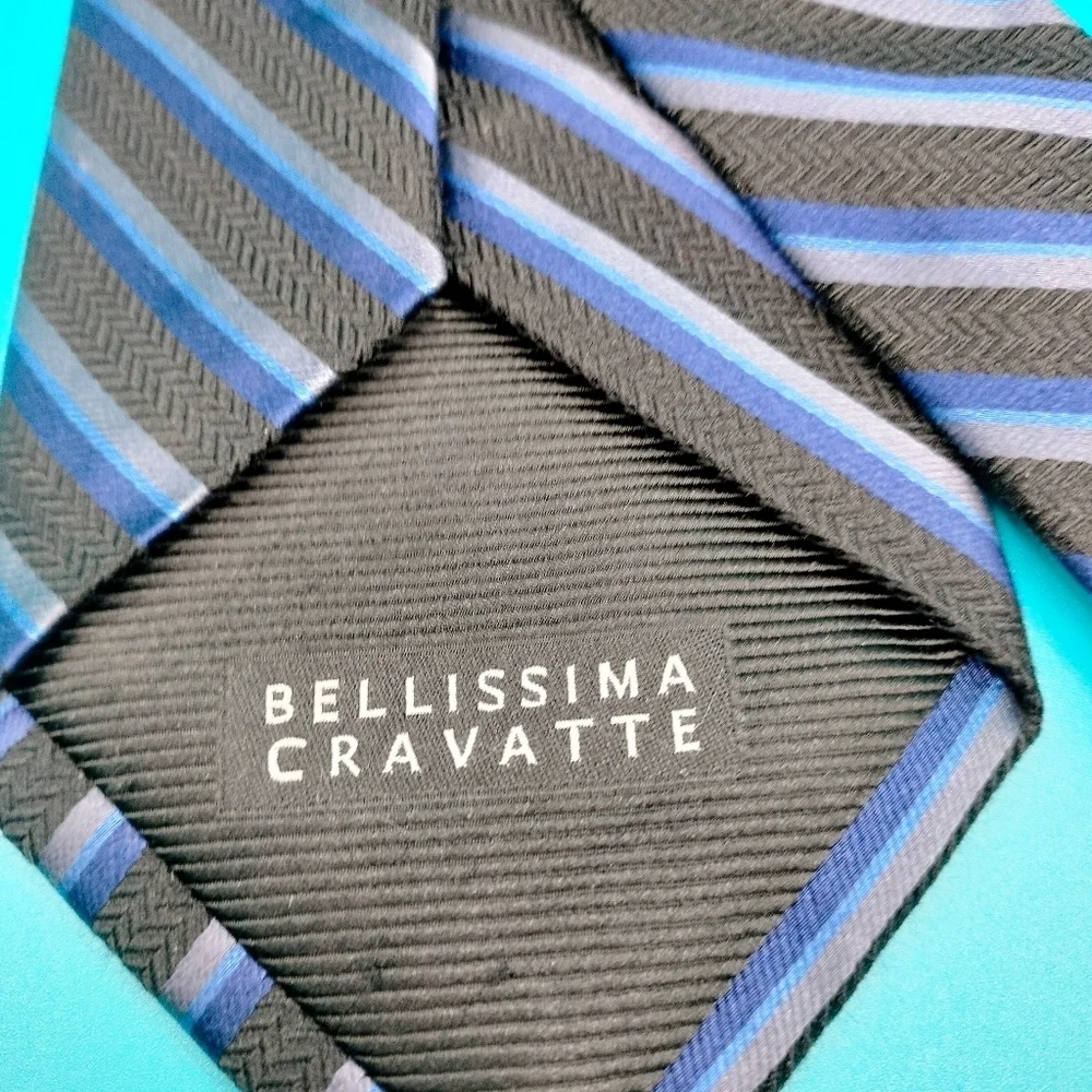 Bellissima Cravatte Rep Black Blue Striped Silk Cashmere Men’s Necktie Tie
